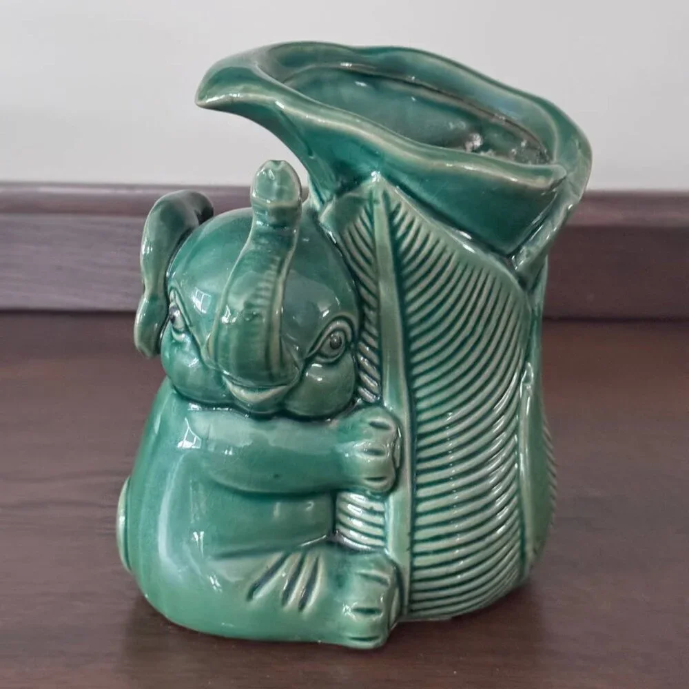 Adorable Ceramic Lucky Elephant Planter Vase in Emerald Green